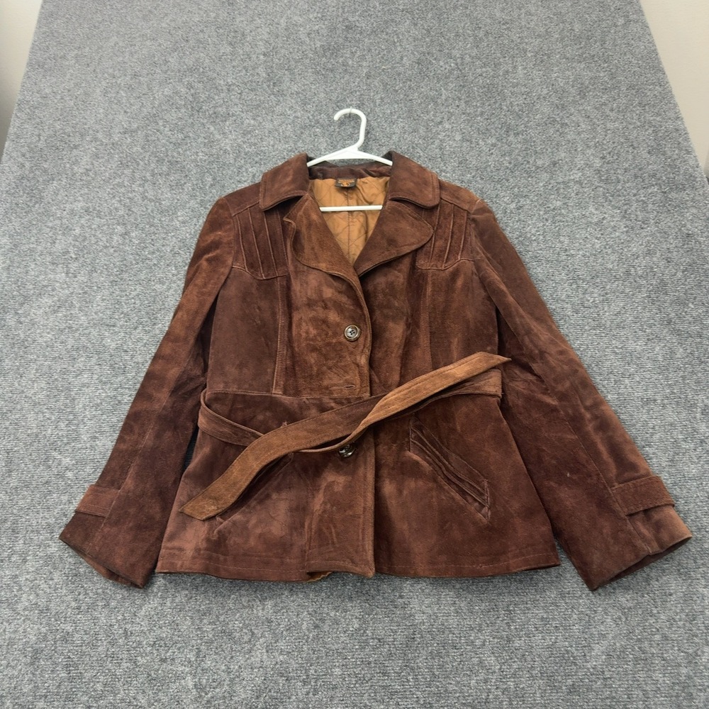 Vintage Leather Jacket Women 15/16 Brown Suede Belted Quilted Lining Boho 70s